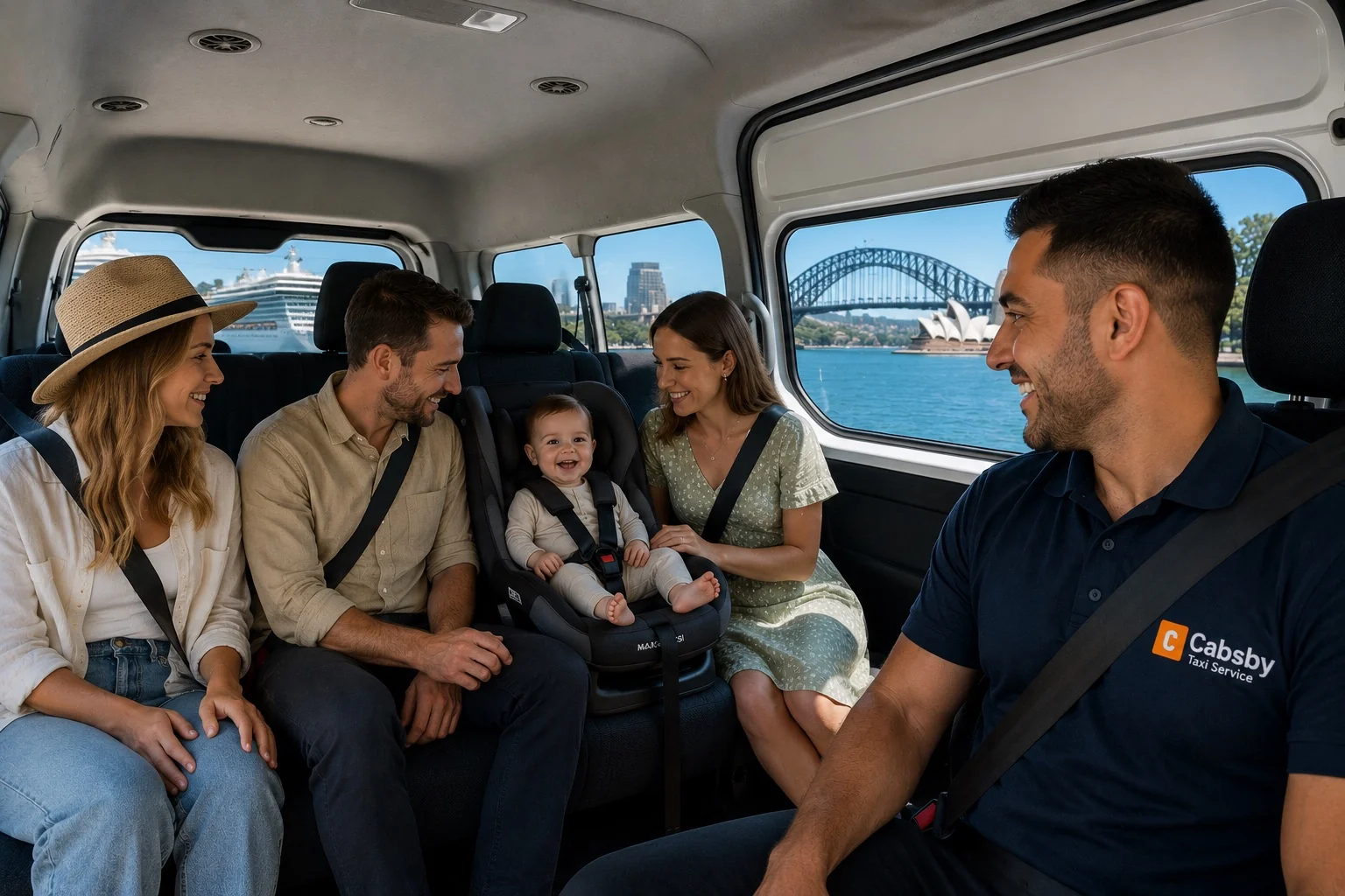 Family with baby capsule inside Cabsby taxi with Sydney Harbour Bridge view