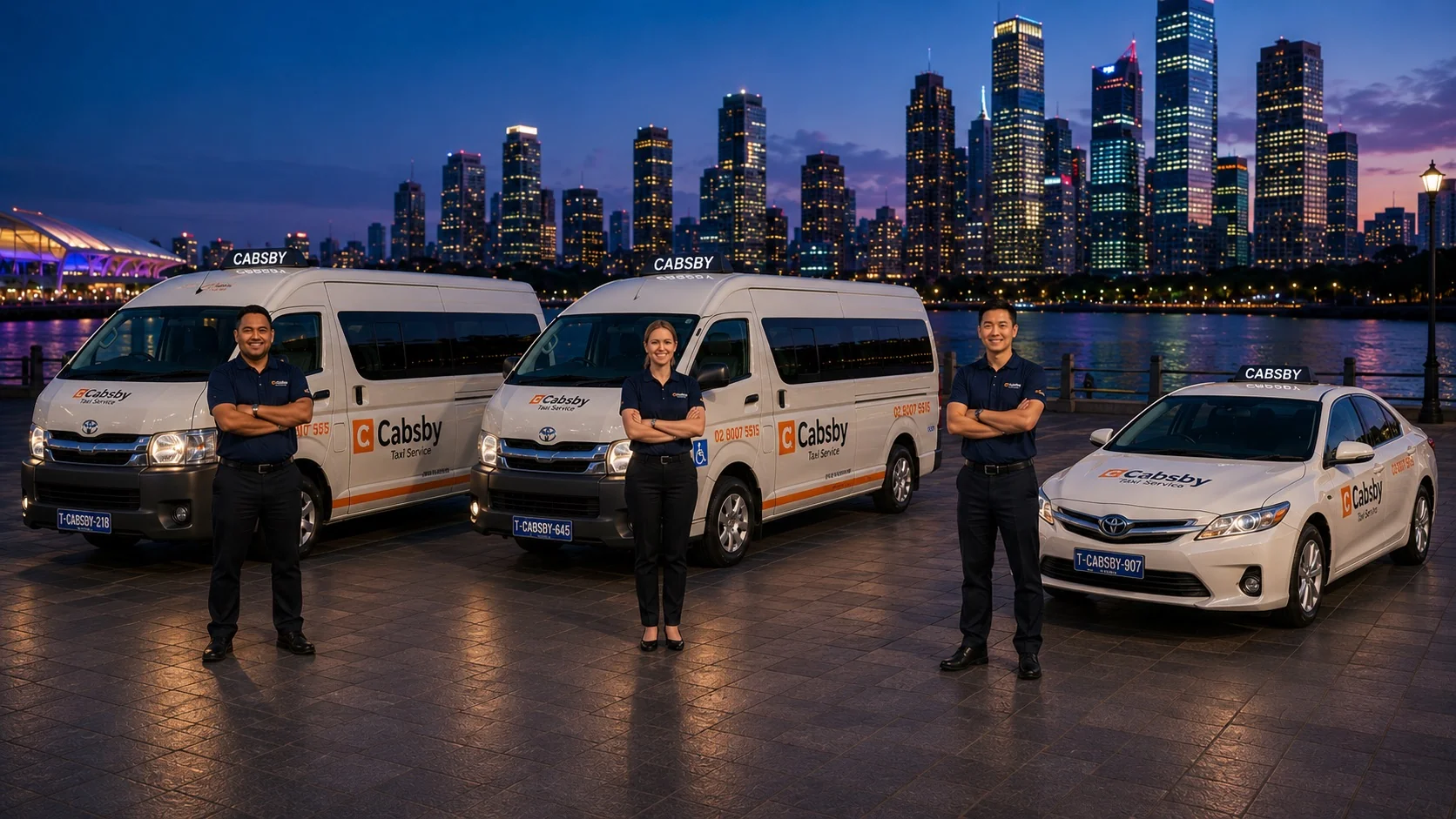 Cabsby fleet of HiAce vans and Camry sedans with drivers at Barangaroo Sydney at dusk