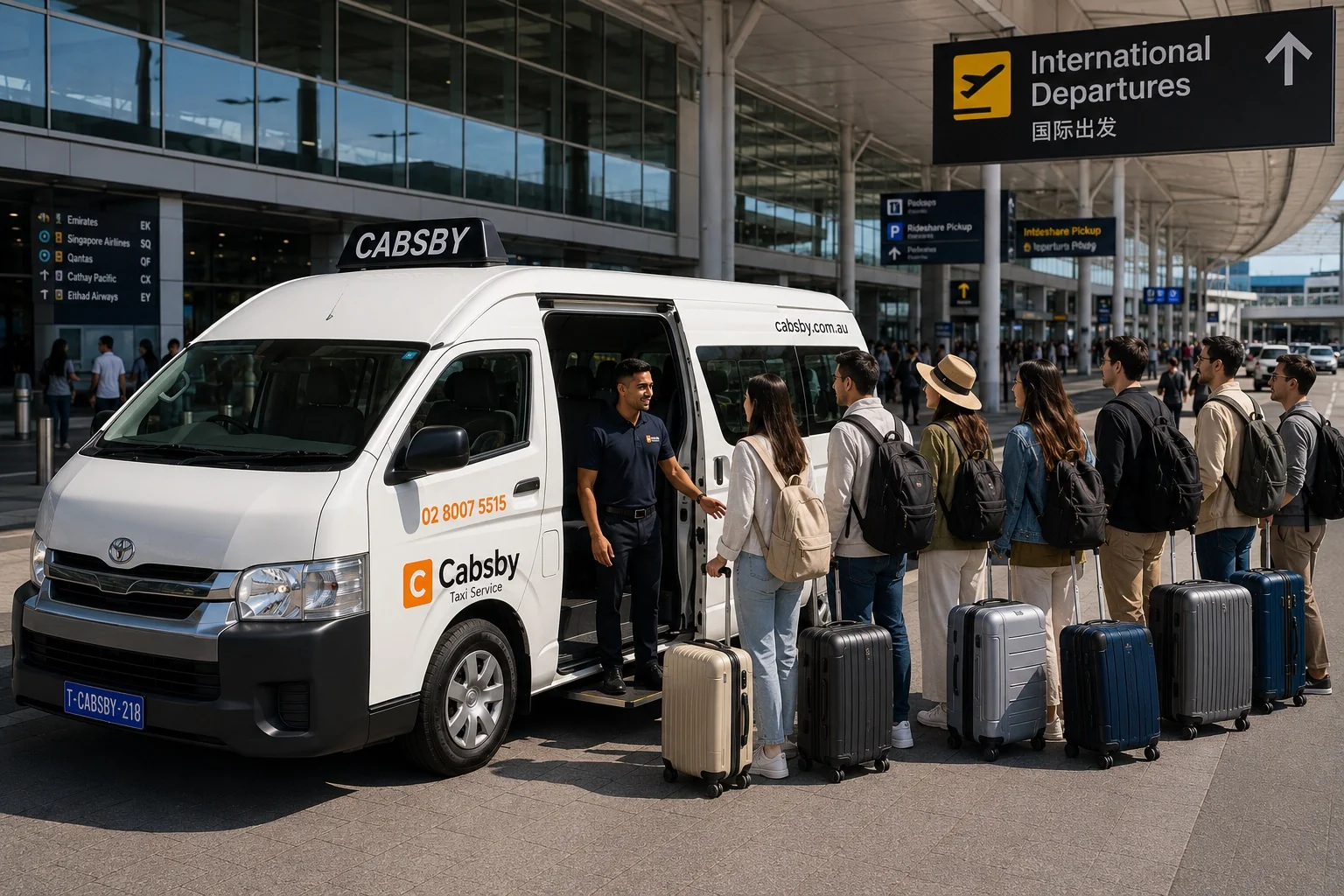 Cabsby 11 seater group taxi at Sydney Airport with diverse passengers