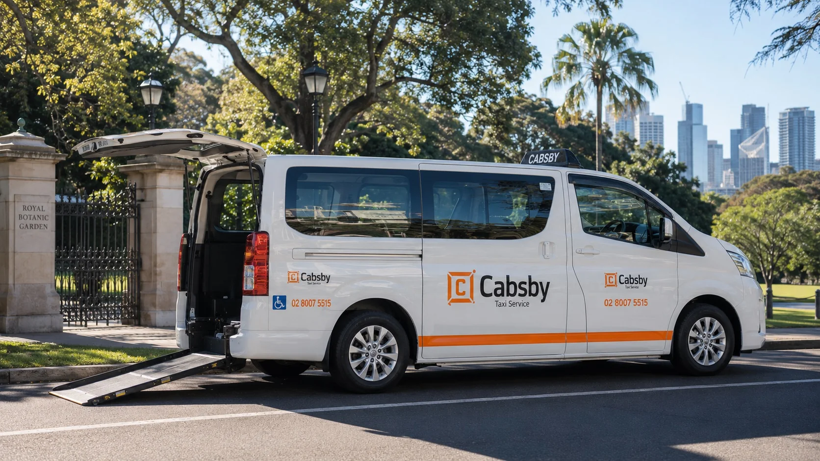 Cabsby wheelchair accessible taxi with rear ramp at Royal Botanic Garden Sydney