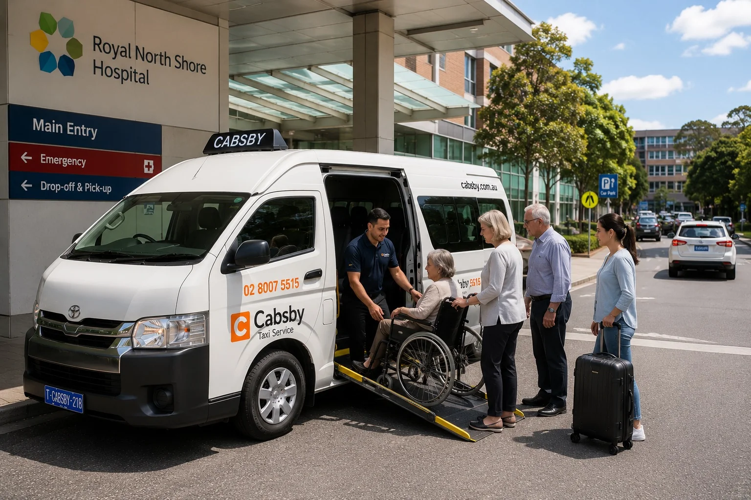 Cabsby wheelchair accessible taxi at Royal North Shore Hospital helping passenger after appointment